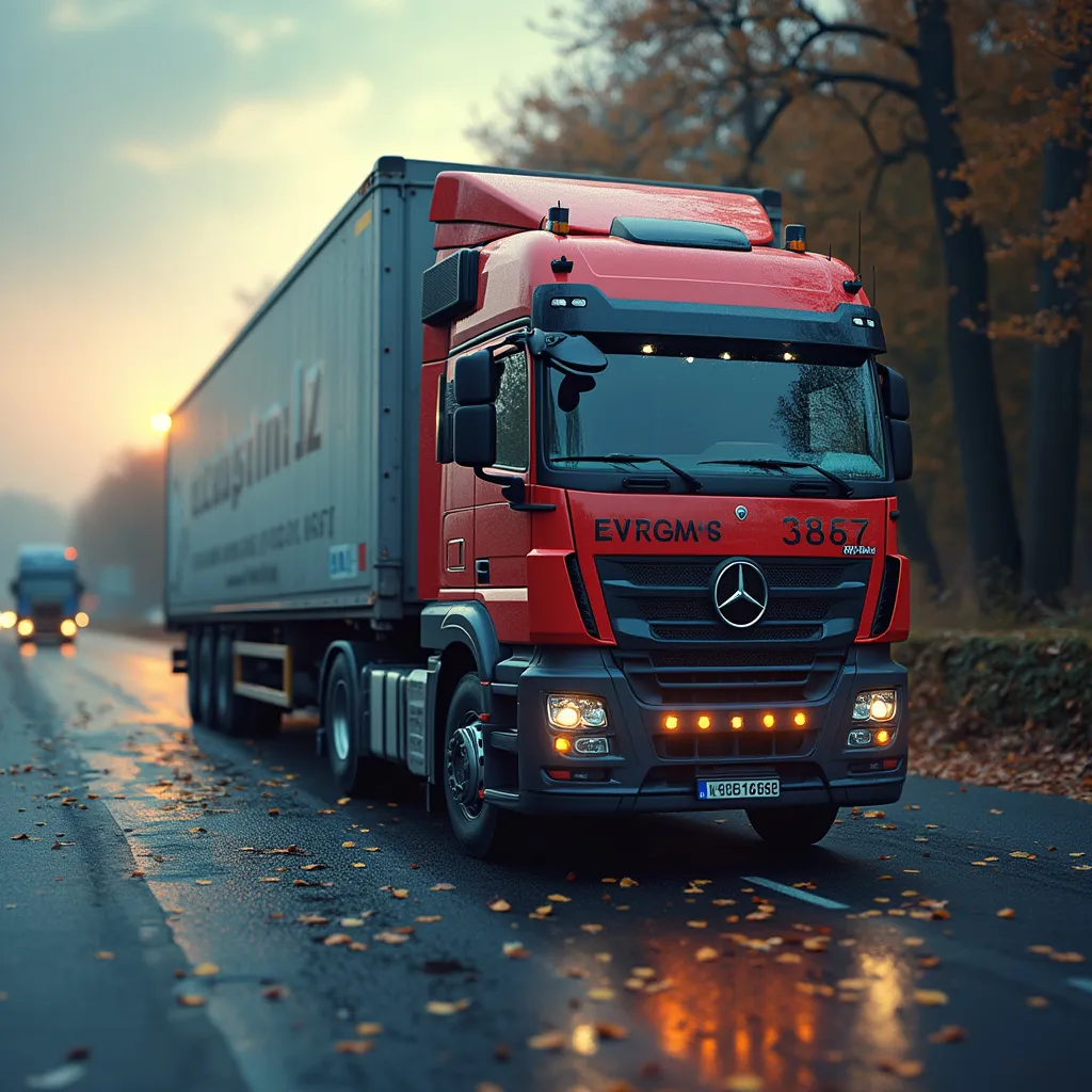 Sonnenuntergang über Autobahn mit mehreren transportierenden LKW